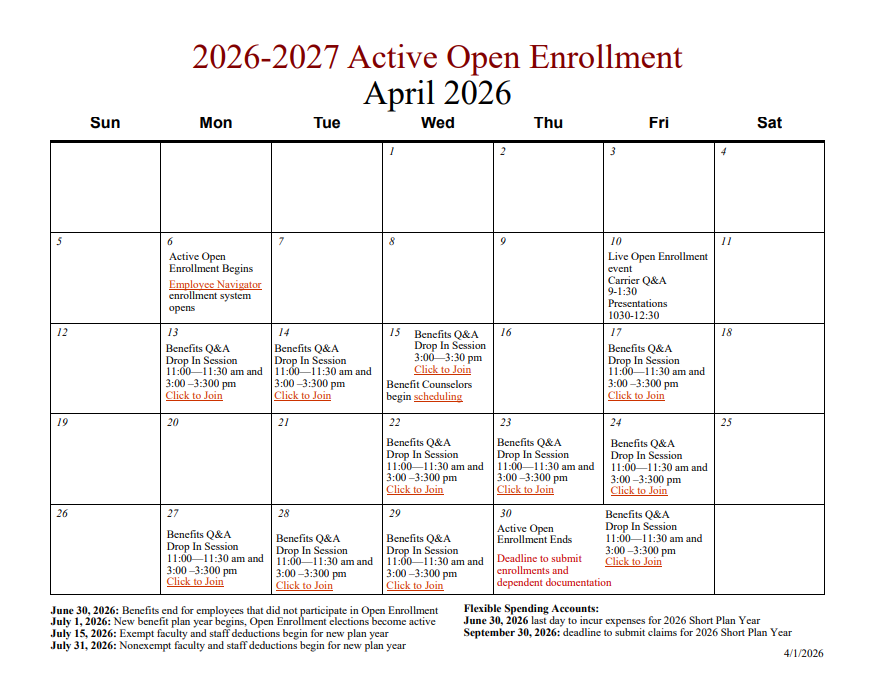 2026-2027 Active Open Emrollment calendar with important dates indicated.